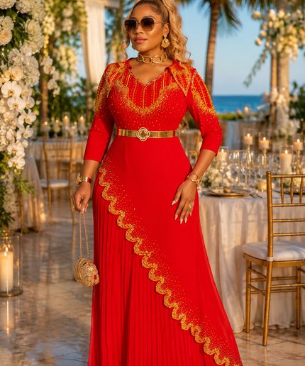 Fabulous Red Rhinestone Pleated Maxi Dress for Wedding Cocktail Birthday Party