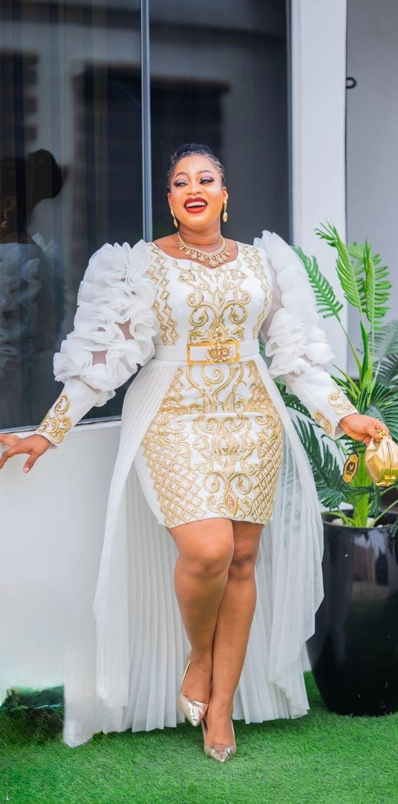 White Sequin-Embroidered Wedding Guest Maxi Dress, Plus Size Mother of The Bride Overskirt A-Line Gown, Ruffle Sleeve Embellished Curvy Dress for Birthday Party Anniversary Graduation Cocktail Photoshoot Celebrant Worthy