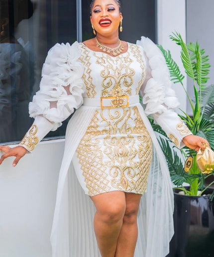 White Sequin Wedding Guest Maxi Dress, Plus Size Mother of The Bride Overskirt A-Line Gown Curvy, Ruffle Sleeve Embellished, Birthday Party Anniversary Grad Cocktail