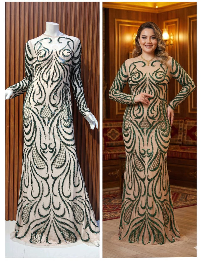 Sparkly Green Embellished Long Sleeve Evening Gown for Wedding Guest Prom Mother of The Bride Photoshoot Birthday Dinner