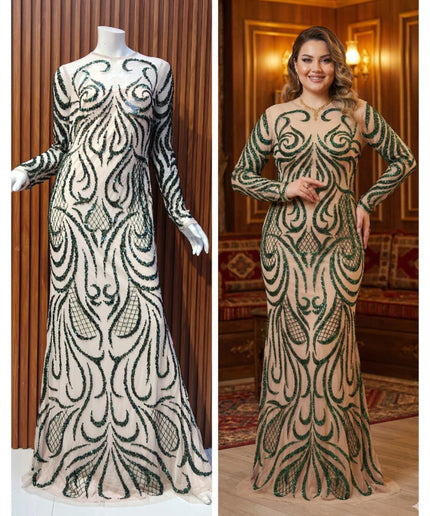 Sparkly Green Embellished Long Sleeve Evening Gown for Wedding Guest Prom Mother of The Bride Photoshoot Birthday Dinner