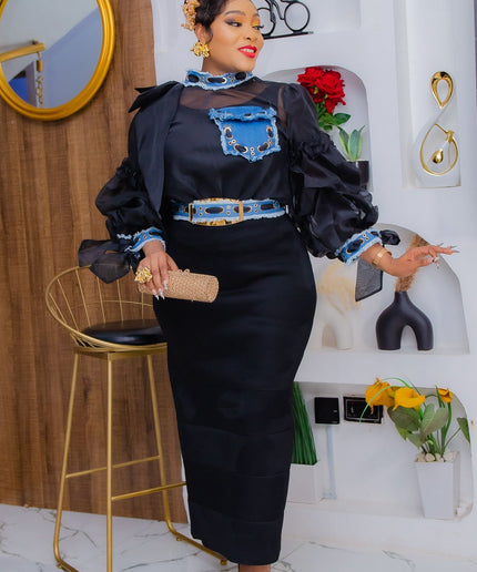 Ruffle Denim Embellished Blouse and Skirt 2 Piece Set - Wedding Guest Outfit Mother of The Bride Attire Bridal Dinner Birthday Photoshoot Party Reception