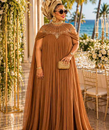 Brown Embellished Cold-Shoulder Kaftan Dress, African Bubu Wedding Guest Attire Celebrant Birthday Cocktail Reception  Dinner Formal Evening Gown