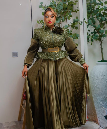 Gold Sequin Bishop Sleeve Peplum Top and Pleated A-Line Skirt Set for Mother of The Bride Wedding Guest Birthday Party Dinner Photoshoot