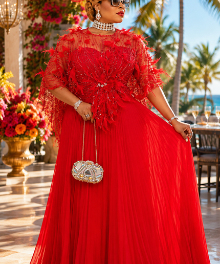"The Showstopper" Gold Embellished Feathered Pleated Twirl A-Line Maxi Dress Floor-Length Formal Evening Gown for Mother of The Bride Wedding Guest Bridal Dinner Celebrant Birthday Party Engagement Ceremony Holiday Photoshoot