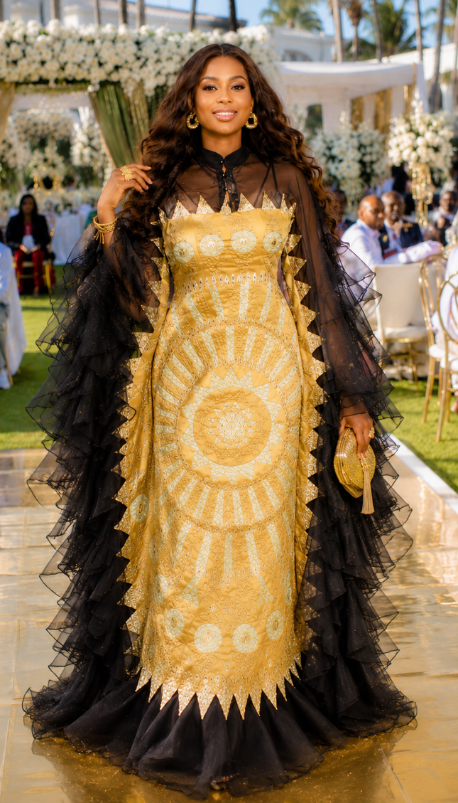 Fabulous Gold Brocade Ruffle Mandarin Neckline Kaftan Maxi Dress for Mother of The Bride Wedding Guest Engagement Party Cocktail Birthday Photoshoot