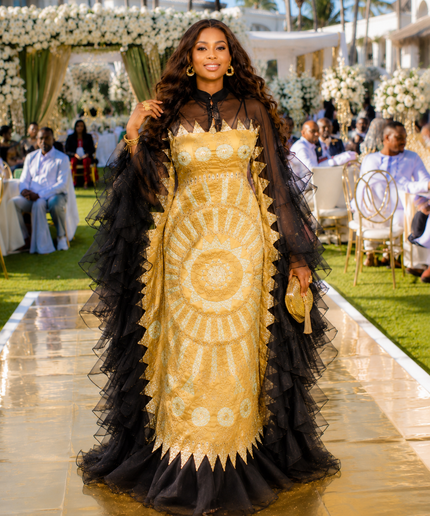 Fabulous Gold Brocade Ruffle Mandarin Neckline Kaftan Maxi Dress for Mother of The Bride Wedding Guest Engagement Party Cocktail Birthday Photoshoot