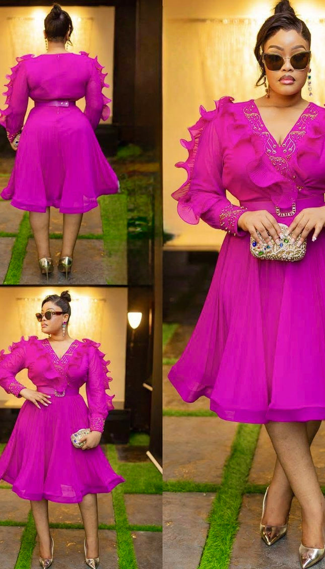 White Dramatic Ruffle Sleeve Rhinestone Embellished Twirl Skater Midi Dress for Wedding Cocktail Birthday Dinner Tea Party Outfit