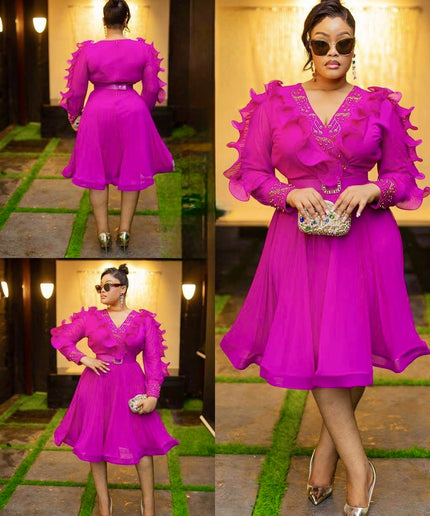 White Dramatic Ruffle Sleeve Rhinestone Embellished Twirl Skater Midi Dress for Wedding Cocktail Birthday Dinner Tea Party Outfit