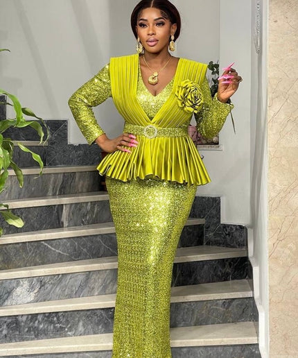 Sequin Pleated Peplum Maxi Dress | Women's Plus Size Evening Wear Wedding Guest Party Birthday