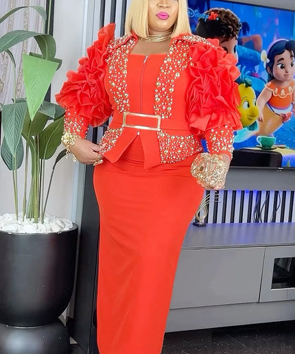Dramatic Ruffle Sleeve Embellished Top and Skirt