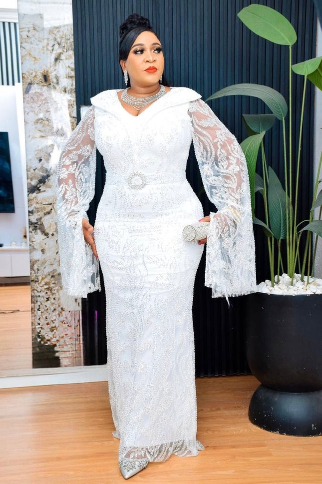 White Sequin Wide Sleeve Maxi Dress: Mother of The Bride or Groom Wedding Guest Birthday Party