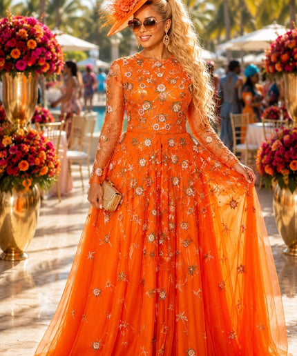 "They Won't Forget You" Orange Hand-Embellished Beaded Floral Sequins A-Line Gown for Bridal Reception Attire Wedding Guest Mother of The Bride Celebrant Birthday Party Formal Evening Dress Plus Size