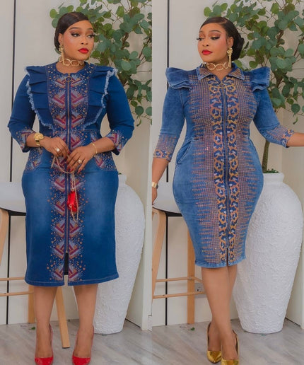 Sparkly Rhinestone-Embellished Blue Denim Dress - Date Night Birthday Party Dinner Photoshoot Ladies Going Out