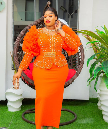 Dramatic Ruffle Sleeve Blouse Skirt Embellished Set
