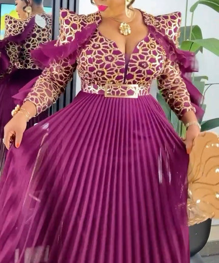 Pink Embellished Ruffle Long Sleeve Pleated Maxi Dress
