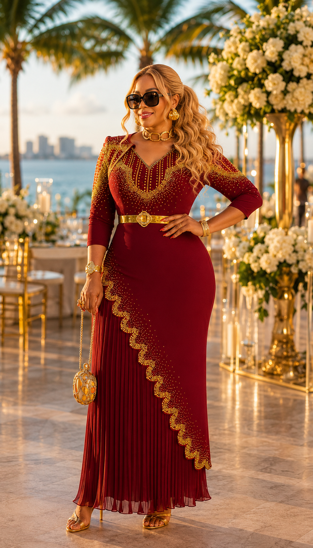 Fabulous Burgundy Rhinestone Stretch Pleated Maxi Dress for Wedding Cocktail Birthday Party