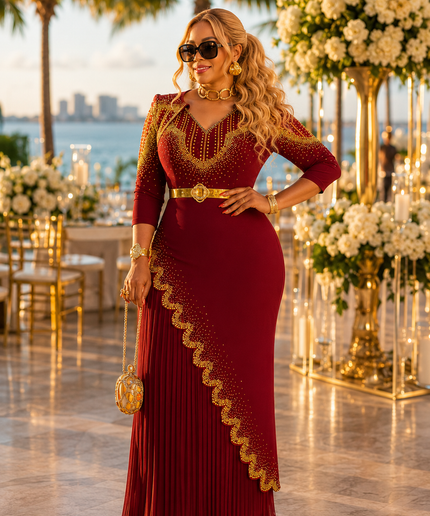 Fabulous Red Rhinestone Pleated Maxi Dress for Wedding Cocktail Birthday Party