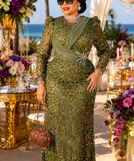 "Center of Attention" Black Beaded Sequin Formal Evening Dress Mother of The Bride Attire Wedding Guest Birthday Party Church Cocktail Reception Plus Size