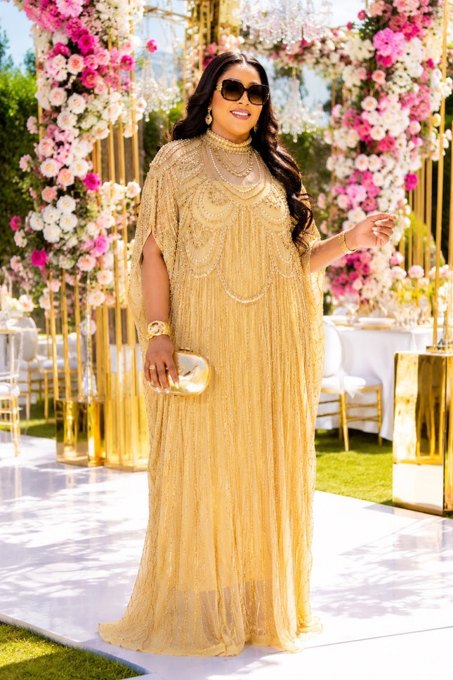 "High Table Guest" Gold Crystal-Embellished Cape Caftan Dress for Birthday Party Celebrant Mother of The Groom Wedding Guest Formal Evening Gown Plus Size