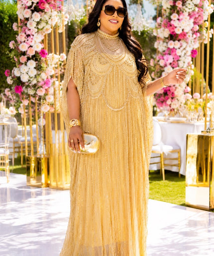 "High Table Guest" Gold Crystal-Embellished Cape Caftan Dress for Birthday Party Celebrant Mother of The Groom Wedding Guest Formal Evening Gown Plus Size