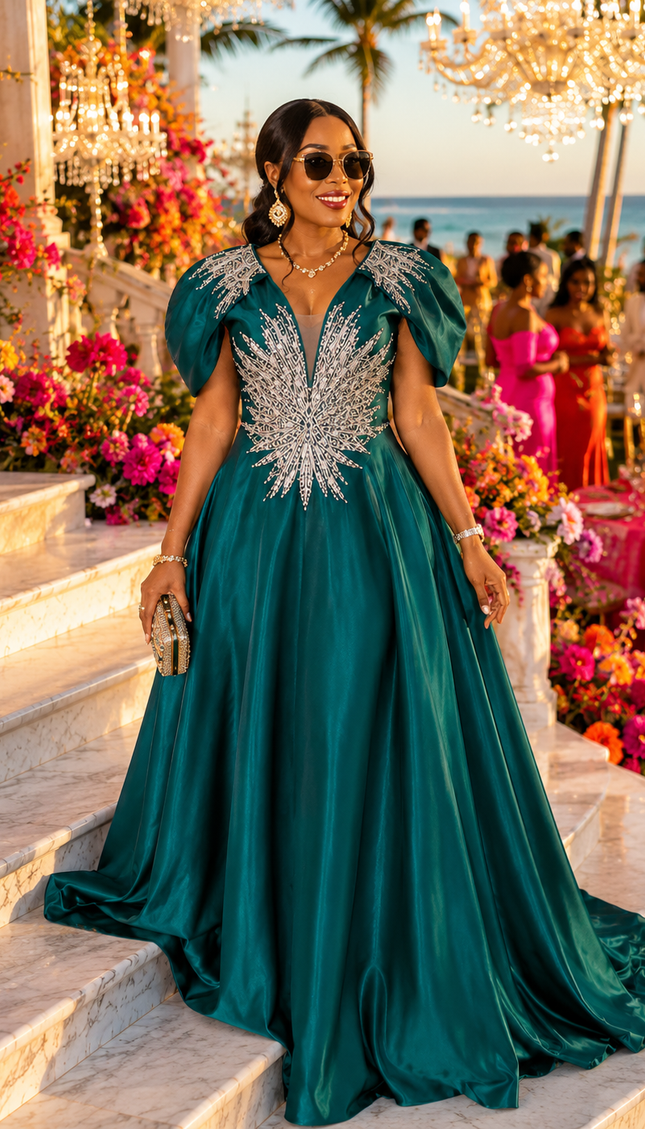 Dramatic Green Puffed Sleeve Embellished A-Line Evening Gown for Mother of The Bride Wedding Guest Cocktail Party Reception Church Gala Anniversary