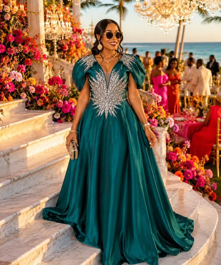 Dramatic Green Puffed Sleeve Embellished A-Line Evening Gown for Mother of The Bride Wedding Guest Cocktail Party Reception Church Gala Anniversary