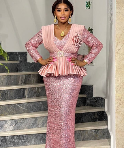 Sequin Pleated Peplum Maxi Dress | Women's Plus Size Evening Wear Wedding Guest Party Birthday