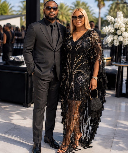 Dramatic Black Sequin Hand-Embellished Tassel Poncho Kaftan Dress for Wedding Guest Birthday Cocktail Dinner Party Black Tie Attire