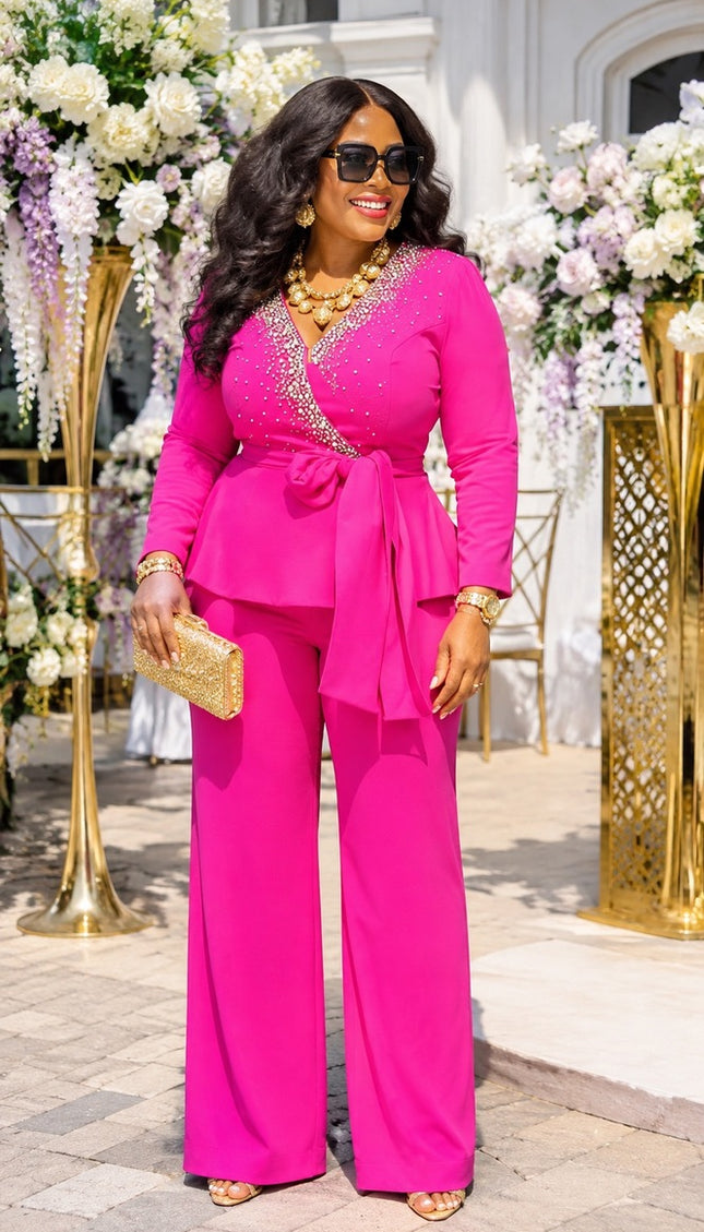 Pink Embellished Tie-Front Wide Leg Jumpsuit for Formal Event Church Party Birthday Cocktail Wedding Guest