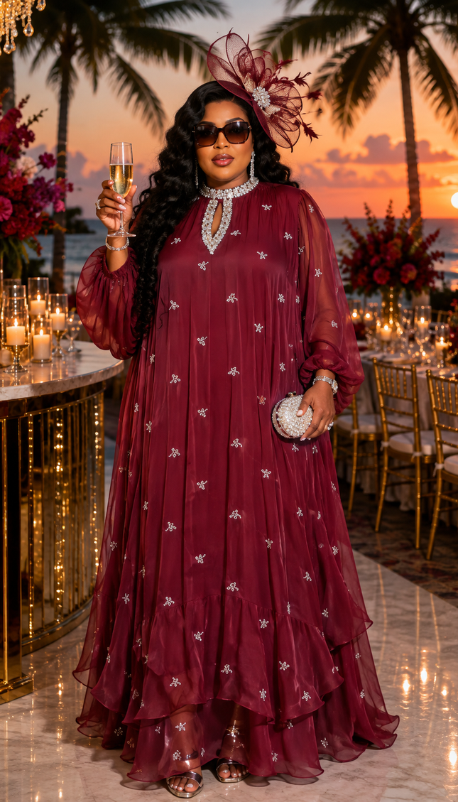 Classy Burgundy Rhinestone Embellished Ruffle Twirl Flowy Kaftan Maxi Dress for Wedding Guest Naming Ceremony Engagement Dinner Party Outfit Plus Size