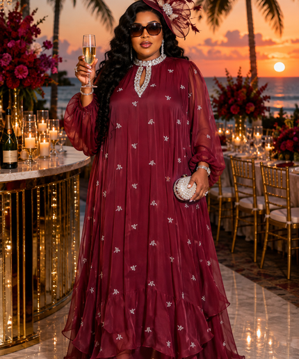 Classy Burgundy Rhinestone Embellished Ruffle Twirl Flowy Kaftan Maxi Dress for Wedding Guest Naming Ceremony Engagement Dinner Party Outfit Plus Size
