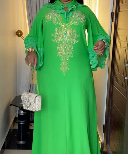 Women's Kaftan Maxi Dress with Rhinestones Ruffle Sleeves Curvy Plus Size African Party Fashion | Baby Shower Birthday Weekend Wear Wedding Guest Reception