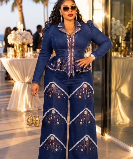 Blue Denim & Diamonds 2-Piece Party Outfit, Cotton Rhinestone Bling Curvy Plus Size Peplum Stretch Jeans Peplum Top & Wide-Leg Pants Set, Birthday Photoshoot Weekend Get-Together Cocktail Dinner