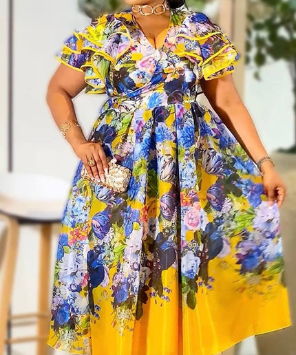 Pink Floral Flutter Sleeve A-Line Wrap Dress for Wedding Guest Birthday Dinner Reception Graduation Party
