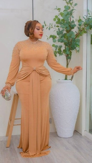 Classy Gold Rhinestone Embellished Ruched Maxi Dress, Formal Draped Evening Gown Anniversary Dinner Gala Cocktail Party Wedding Guest