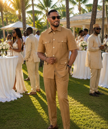 Men's Black Party Outfit Matching Stretch Cotton Top & Pants 2-Piece Set for Wedding Guest Birthday Photoshoot Graduation Church Anniversary