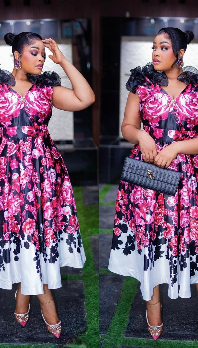 Fabulous Ruffle Neckline Twirl Skater Midi Dress for Birthday Dinner Church Summer Wedding Guest Bridal Photoshoot Cocktail Party