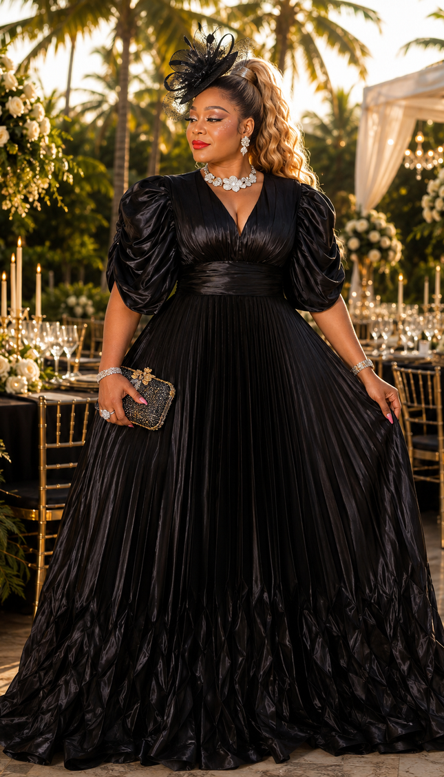 Dramatic Black Embellished Ruffle Draped Sleeve Pleated Maxi Dress for Birthday Celebrant Cocktail Reception Mother of The Bride Wedding Guest