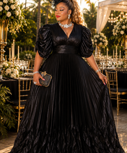 Dramatic Black Embellished Ruffle Draped Sleeve Pleated Maxi Dress for Birthday Celebrant Cocktail Reception Mother of The Bride Wedding Guest