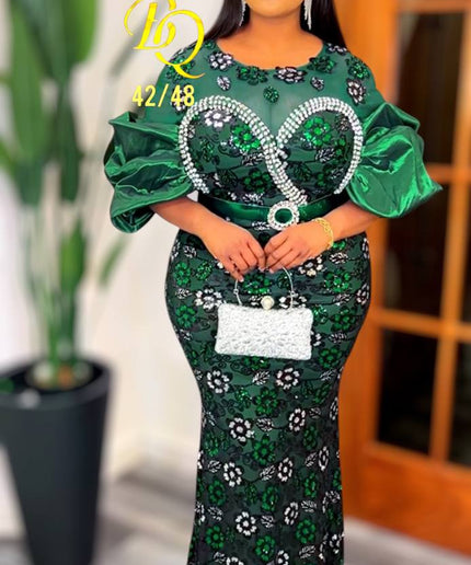 Sequin Embellished Dramatic Sleeve Maxi Dress | Wedding Party Birthday Celebrant Gala
