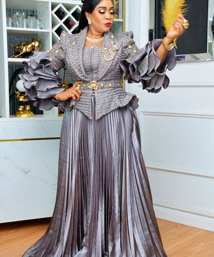 Statement Champagne Gold Ruffle Sleeve Top and Sunburst Pleated A-Line Skirt, Matching 2-Piece Outfit Set