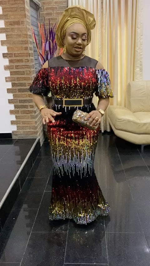 Multi-Colored Sequin Cold Shoulder Maxi Dress