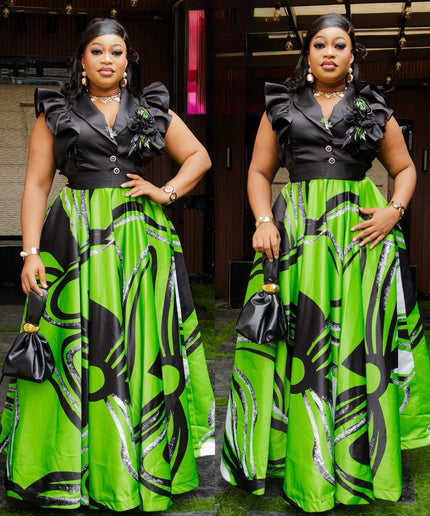 Green Ruffle Sleeve Twirl Skater Maxi Dress: Wedding Guest Birthday Party Cocktail Dinner