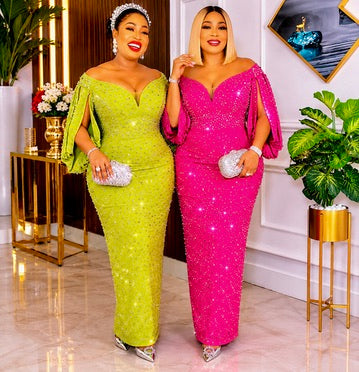 Glamorous Pink Off-The-Shoulder Rhinestone Embellished Slit Sleeve Maxi Dress for Cocktail Party Summer Wedding Guest Birthday Photoshoot Graduation Outfit