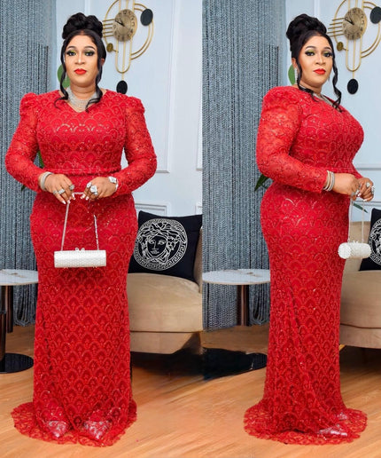 Red Sequin Embellished Wedding Guest Dress Floor Length Plus Size Mother of The Bride Mermaid Gown