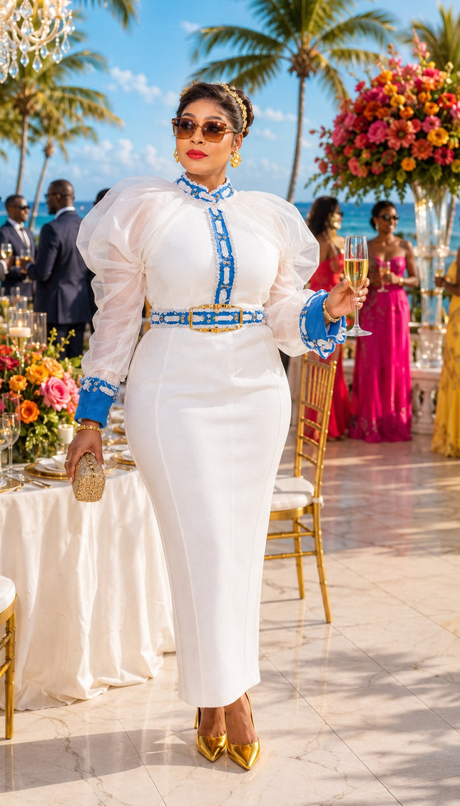 "Dressed To Impress" White Organza Ruffle Denim Trim 2-Piece Top & Skirt Set Wedding Guest Mother of The Bride Church Birthday Party Holiday Cocktail Reception Engagement Ceremony Outfit
