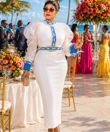 "Dressed To Impress" White Organza Ruffle Denim Trim 2-Piece Top & Skirt Set Wedding Guest Mother of The Bride Church Birthday Party Holiday Cocktail Reception Engagement Ceremony Outfit