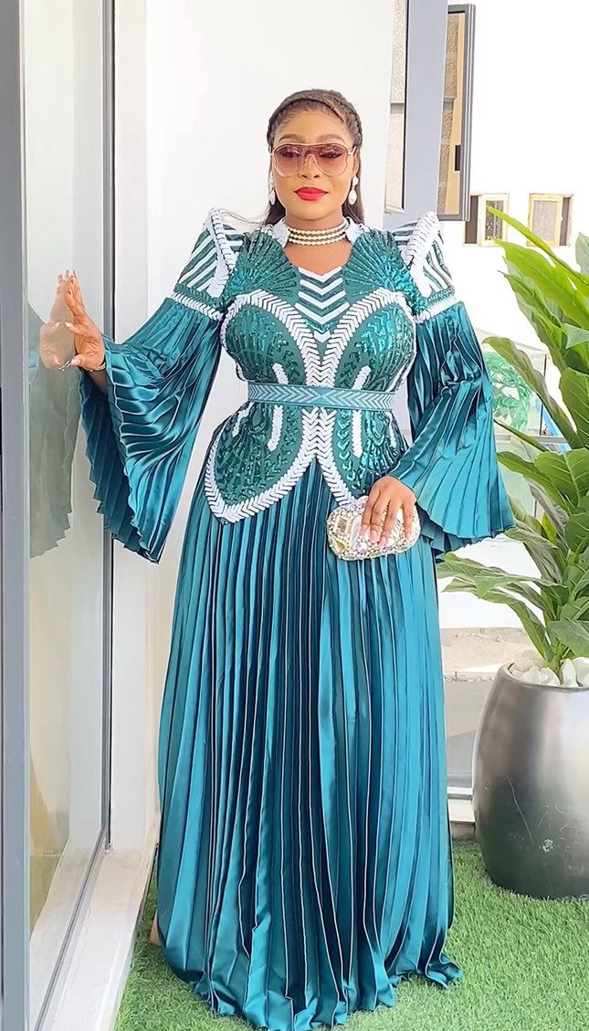 Sequin Pointed Shoulder Pleated Maxi Dress | Wedding Guest Birthday Party Gala
