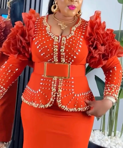 Orange Embellished Ruffle Sleeve Top & Skirt 2-Piece Set for Wedding Guest Birthday Party Celebrant Photoshoot